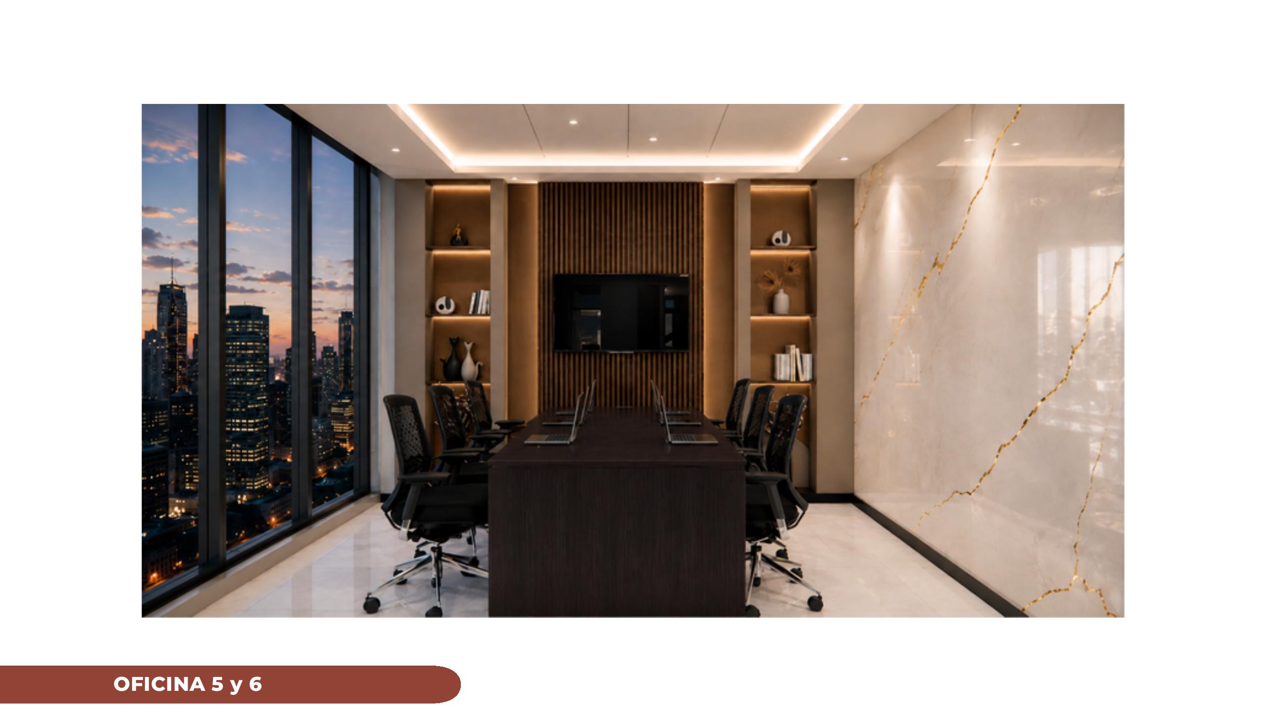 Render de oficina privada con vista de la ciudad